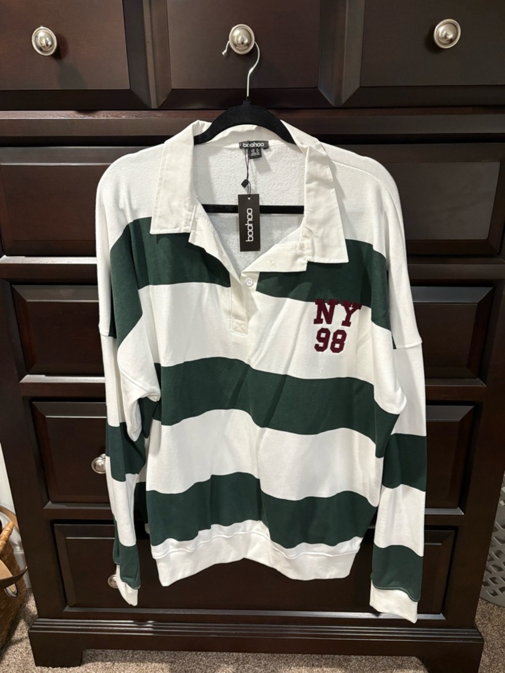 Boohoo Green and White Striped Rugby Polo